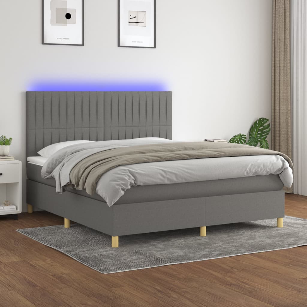 vidaXL Cama box spring c/ colchão e LED 180x200 cm tecido cinza-escuro