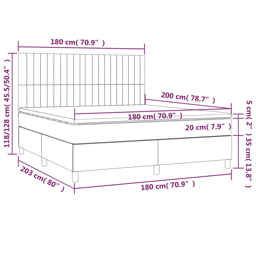 vidaXL Cama box spring c/ colchão e LED 180x200 cm tecido cinza-escuro