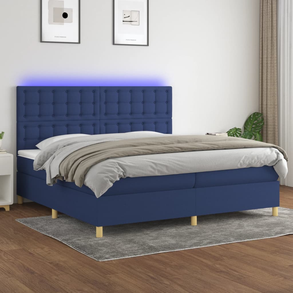 vidaXL Cama box spring c/ colchão e LED 200x200 cm tecido azul