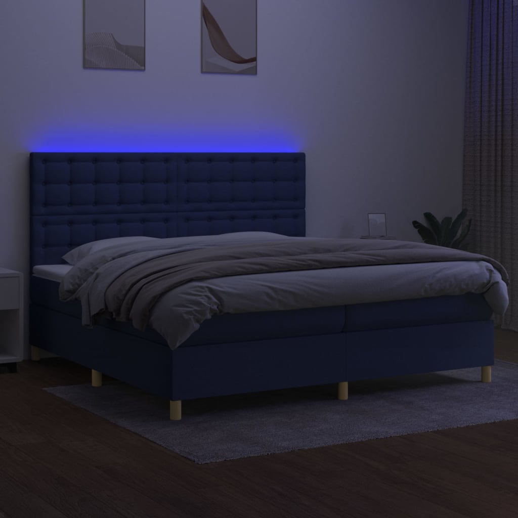 vidaXL Cama box spring c/ colchão e LED 200x200 cm tecido azul