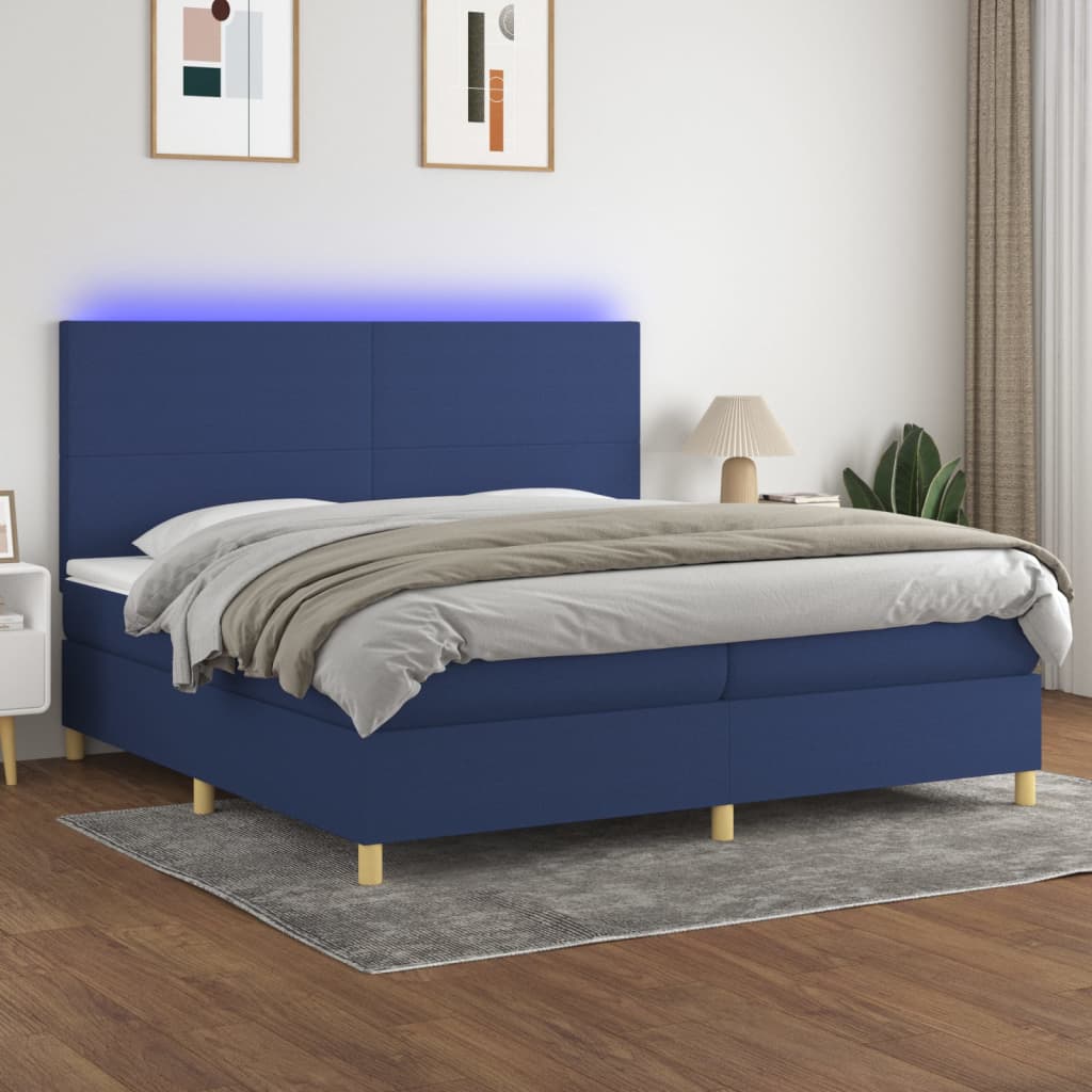 vidaXL Cama box spring c/ colchão e LED 200x200 cm tecido azul