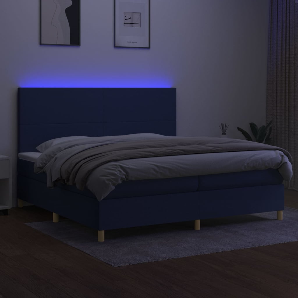 vidaXL Cama box spring c/ colchão e LED 200x200 cm tecido azul