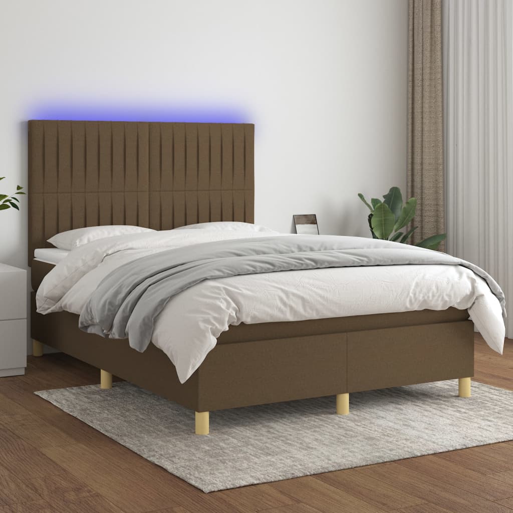 vidaXL Cama box spring c/ colchão/LED 140x200cm tecido castanho-escuro