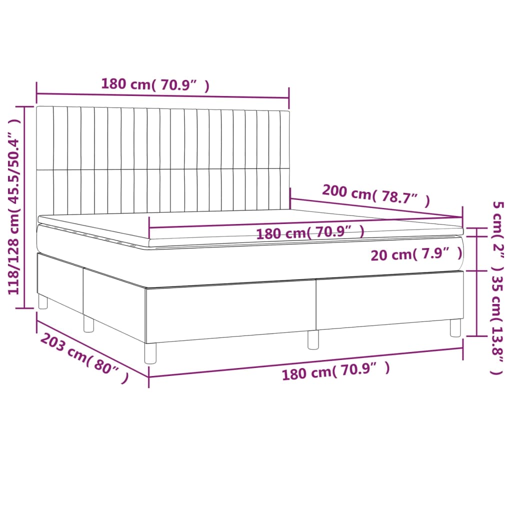 vidaXL Cama box spring c/ colchão/LED 180x200cm tecido castanho-escuro