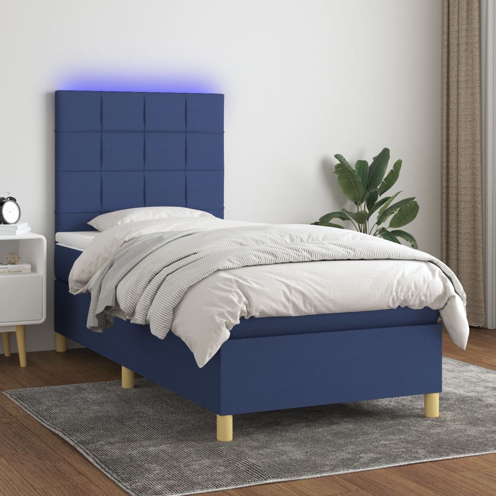 vidaXL Cama box spring c/ colchão e LED 90x190 cm tecido azul