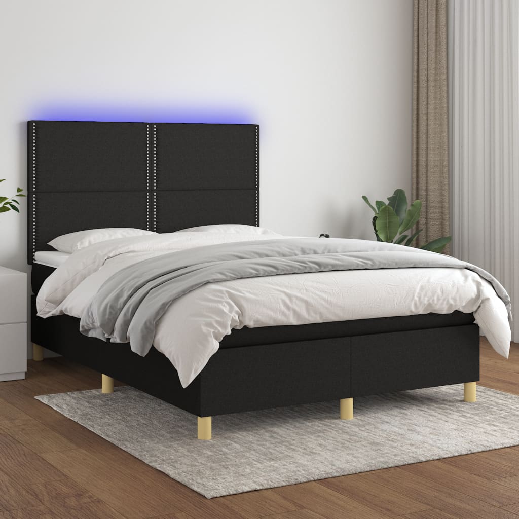 vidaXL Cama box spring c/ colchão e LED 140x190 cm tecido preto