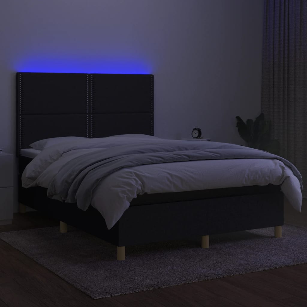 vidaXL Cama box spring c/ colchão e LED 140x190 cm tecido preto