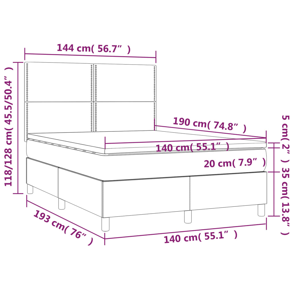 vidaXL Cama box spring c/ colchão e LED 140x190 cm tecido preto