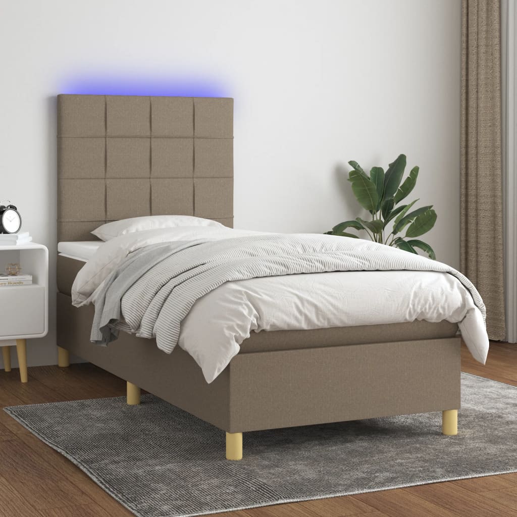 vidaXL Cama box spring colchão/LED 100x200cm tecido cinza-acastanhado