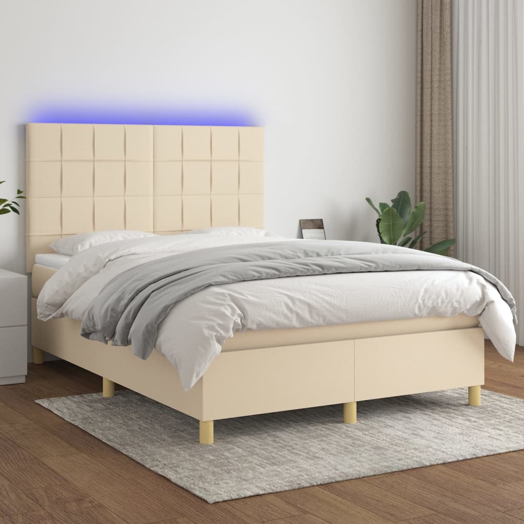 vidaXL Cama box spring c/ colchão e LED 140x190 cm tecido cor creme