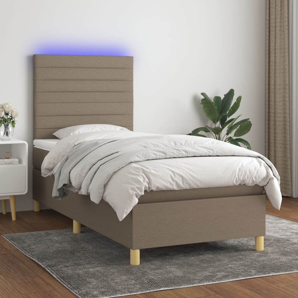 vidaXL Cama box spring colchão/LED 100x200cm tecido cinza-acastanhado