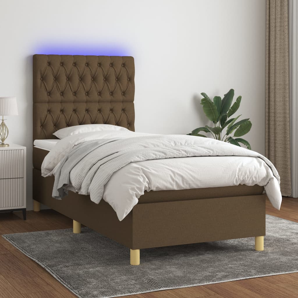 vidaXL Cama box spring c/ colchão/LED 90x190 cm tecido castanho-escuro