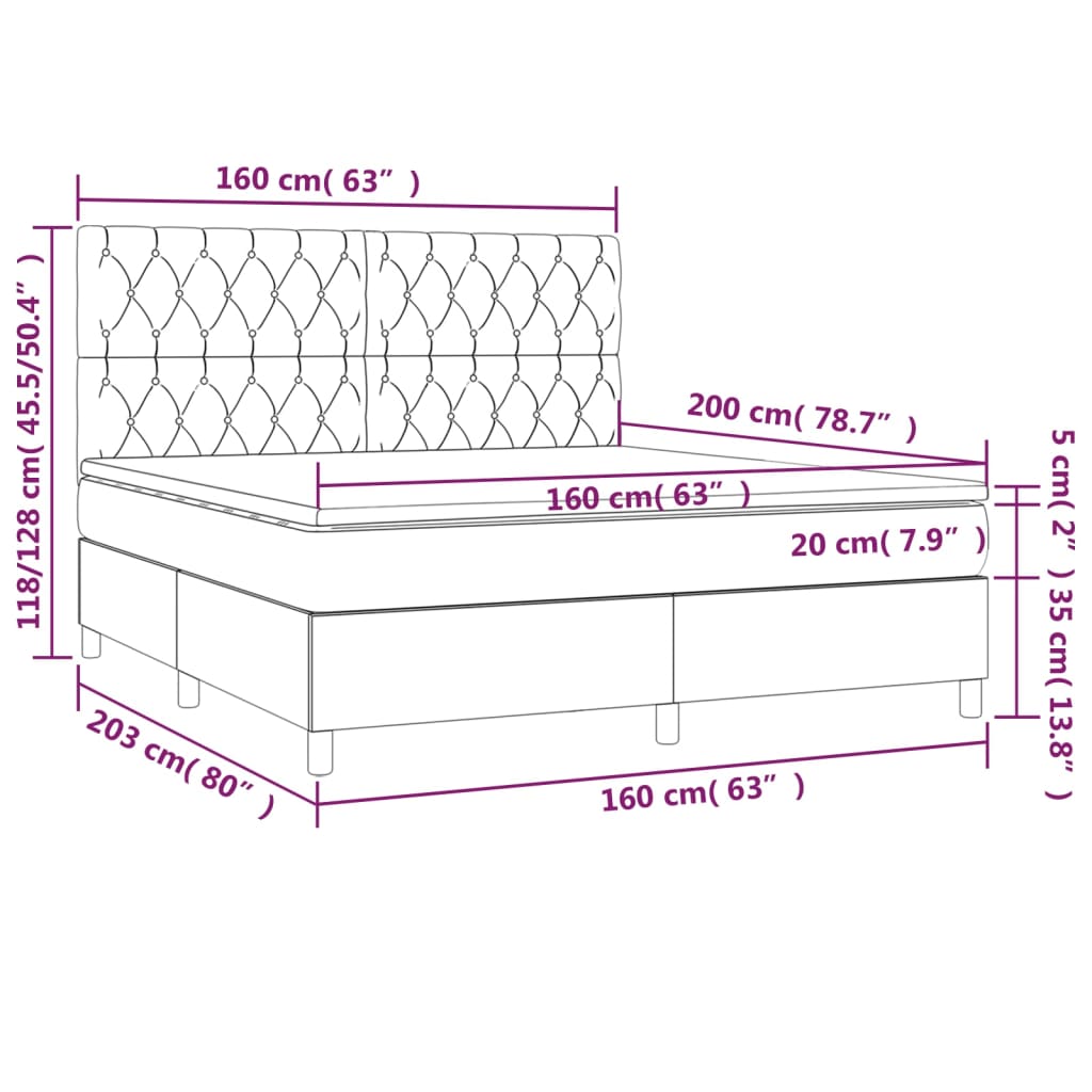 vidaXL Cama box spring colchão/LED 160x200 cm tecido cinza-acastanhado