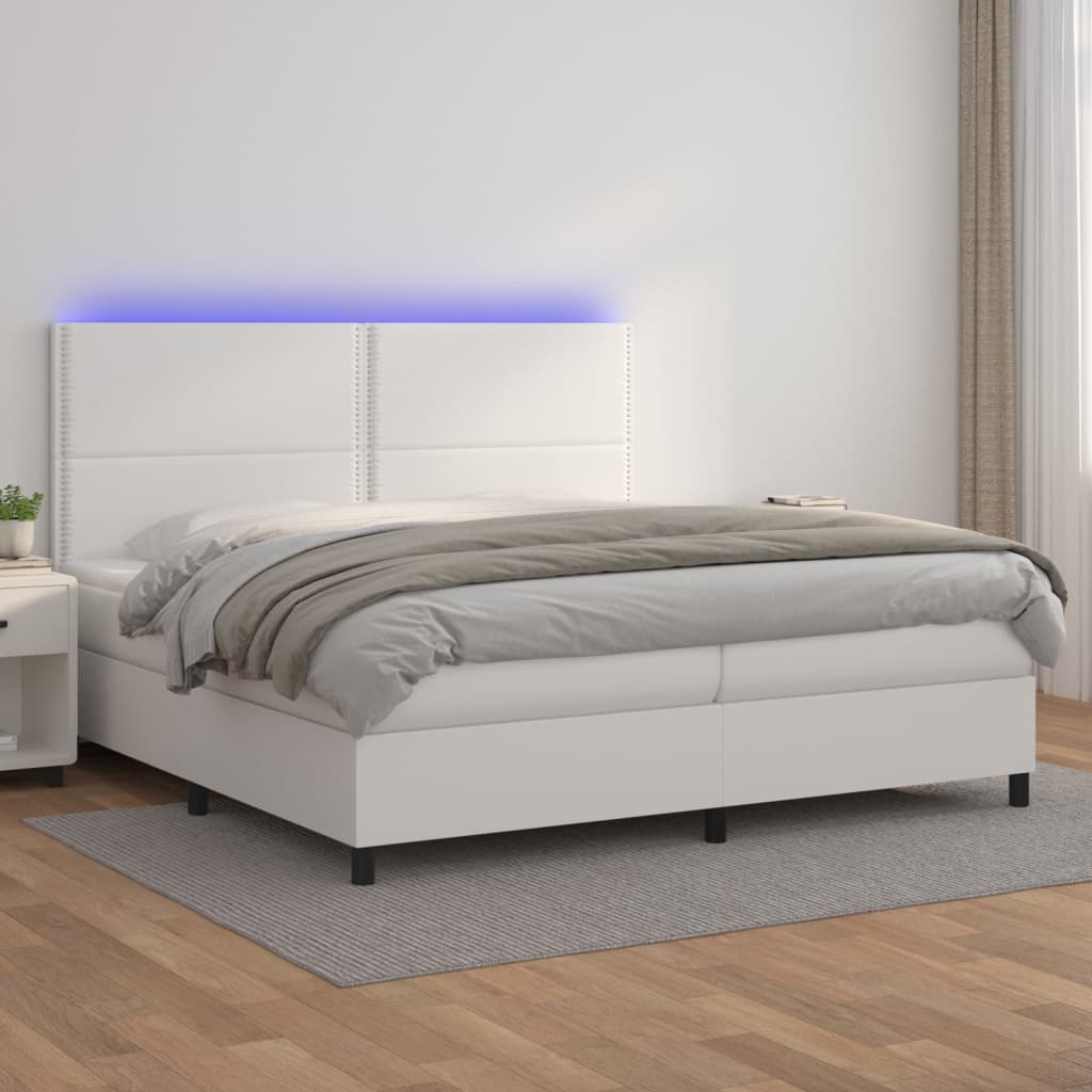 vidaXL Cama box spring c/colchão/LED 200x200cm couro artificial branco