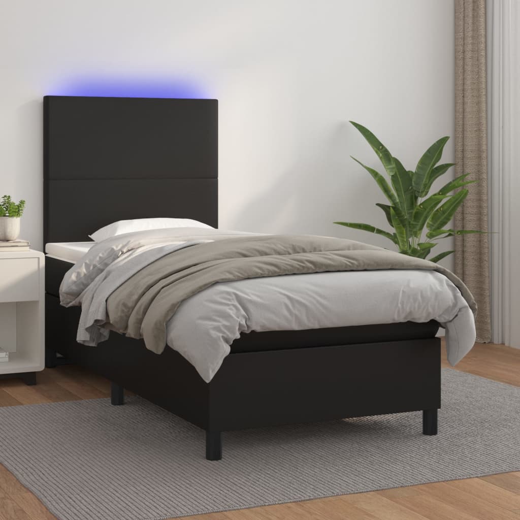 vidaXL Cama box spring c/ colchão/LED 90x200 cm couro artificial preto