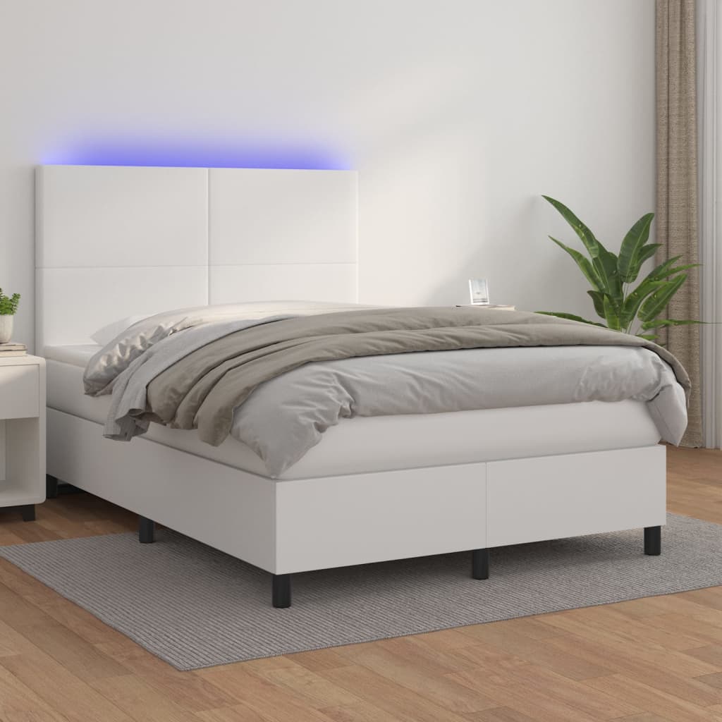 vidaXL Cama box spring c/colchão/LED 140x190cm couro artificial branco