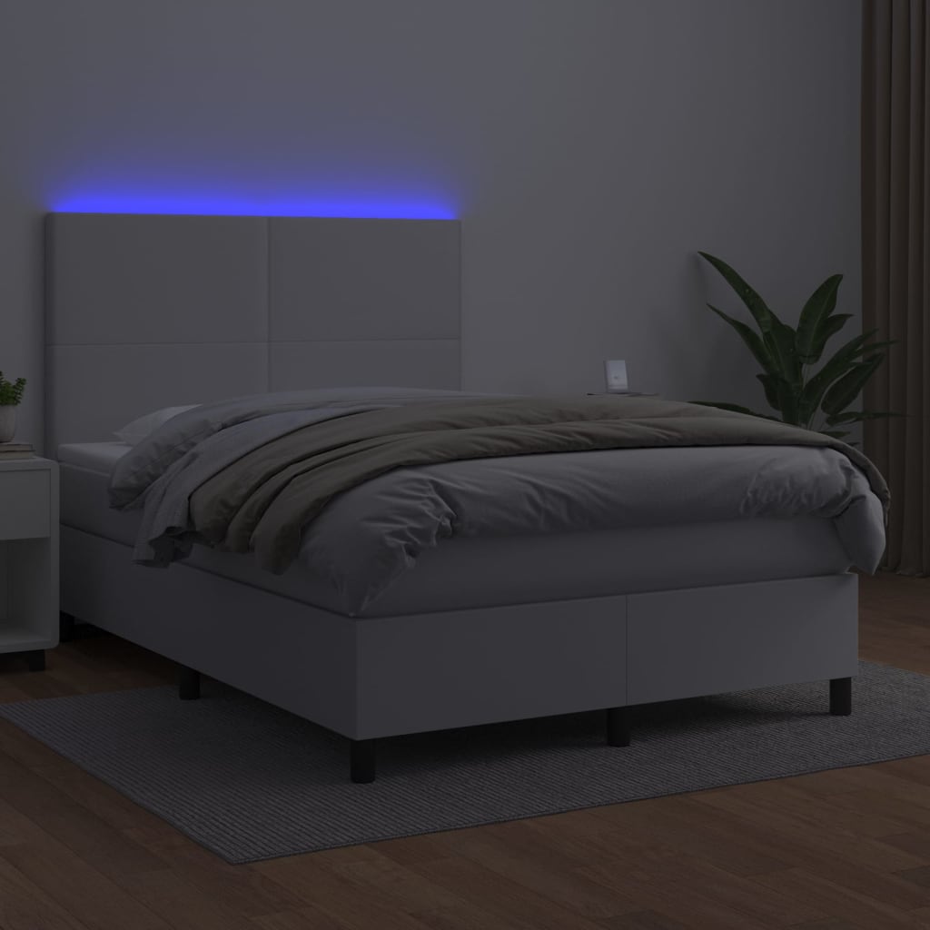 vidaXL Cama box spring c/colchão/LED 140x190cm couro artificial branco