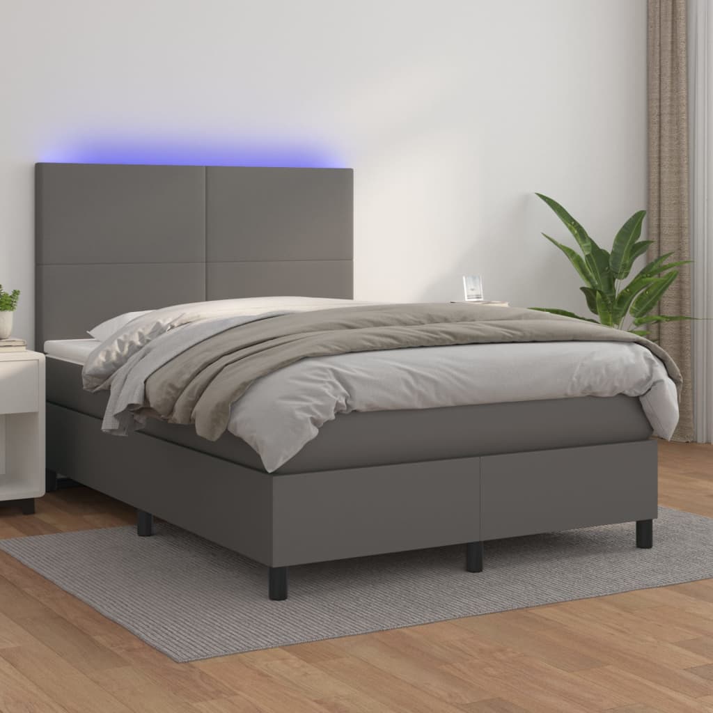 vidaXL Cama box spring c/ colchão/LED 140x200cm couro artificial cinza