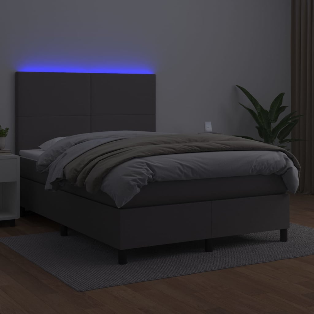 vidaXL Cama box spring c/ colchão/LED 140x200cm couro artificial cinza