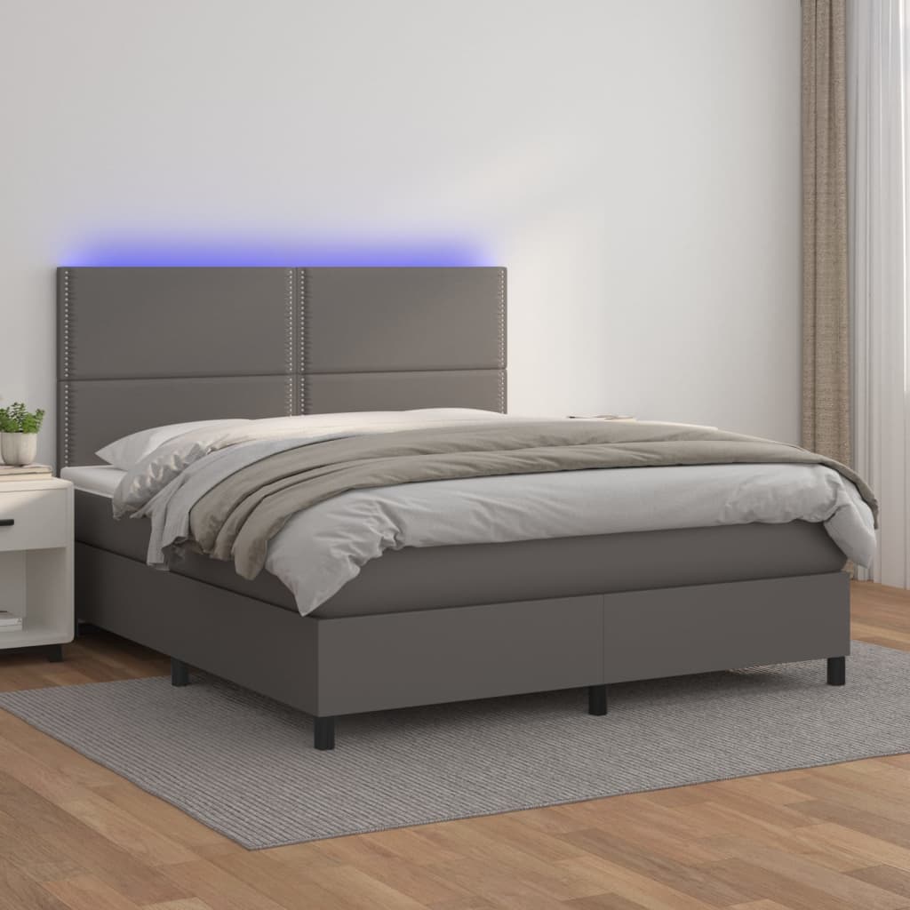 vidaXL Cama box spring c/ colchão/LED 160x200cm couro artificial cinza