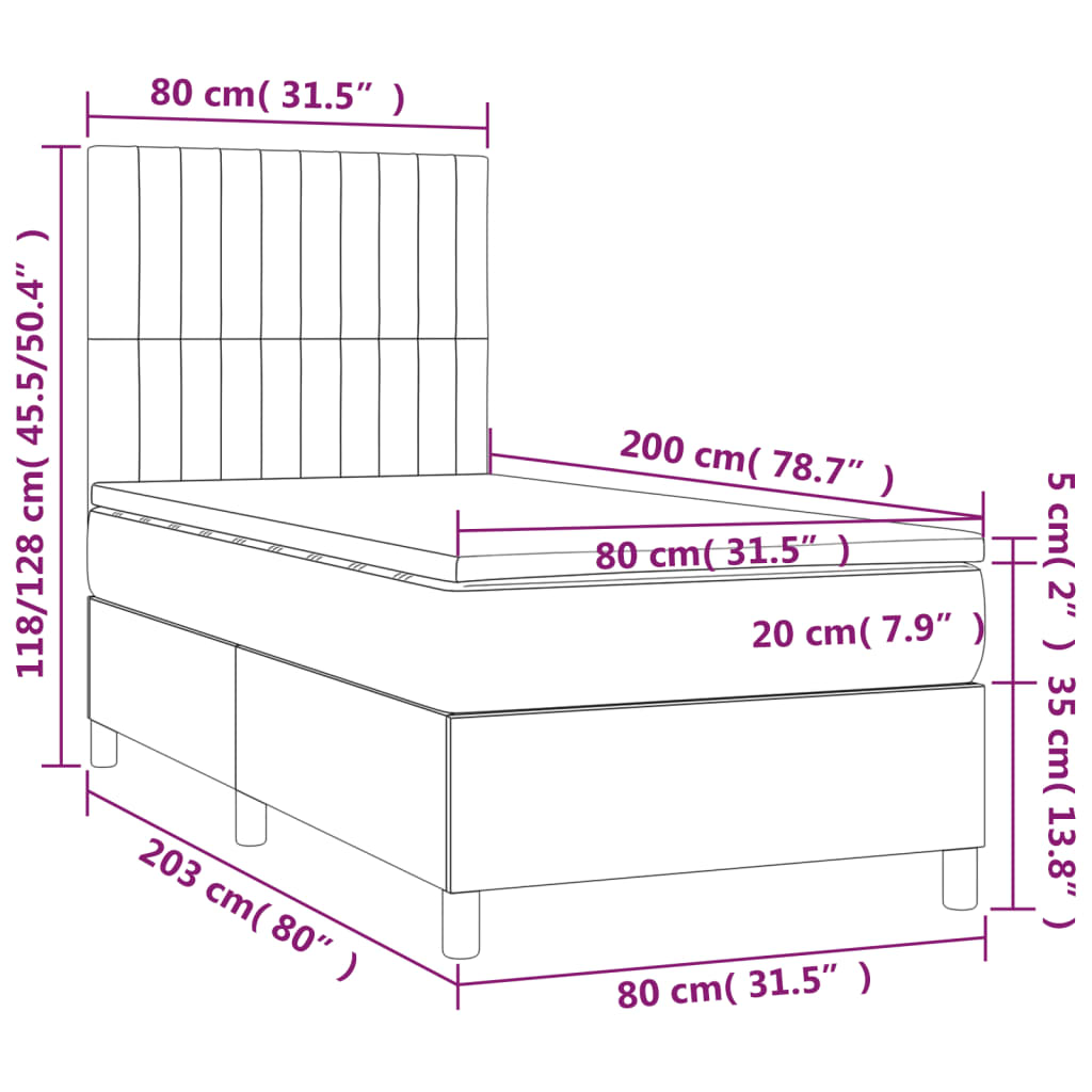 vidaXL Cama box spring c/ colchão e LED 80x200 cm tecido cinza-escuro