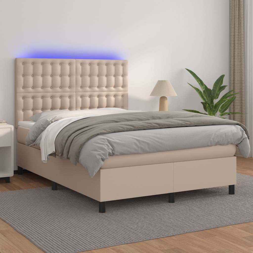 vidaXL Cama box spring c/colchão/LED 140x190cm couro artif. cappuccino