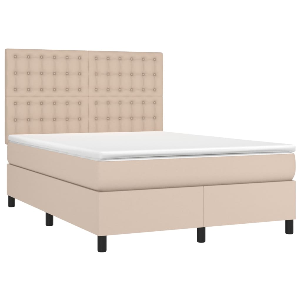 vidaXL Cama box spring c/colchão/LED 140x190cm couro artif. cappuccino