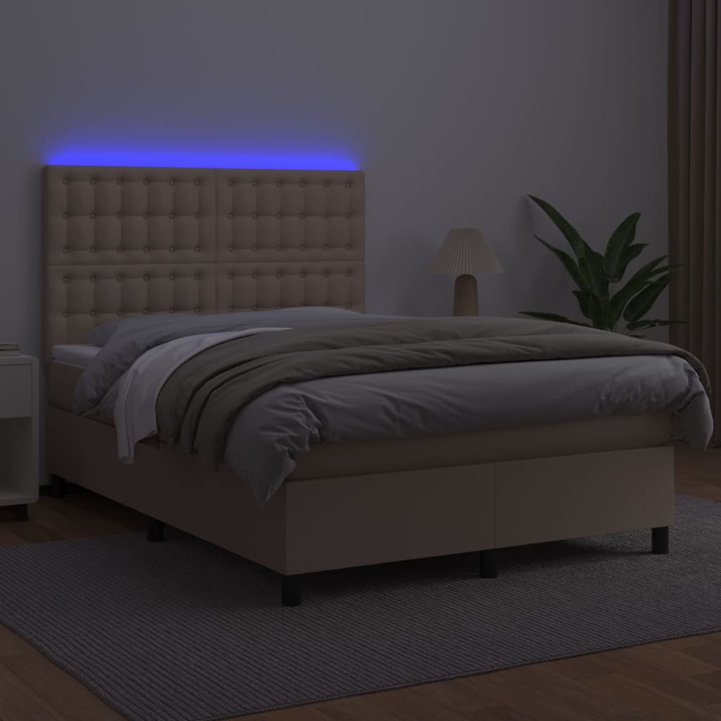 vidaXL Cama box spring c/colchão/LED 140x190cm couro artif. cappuccino