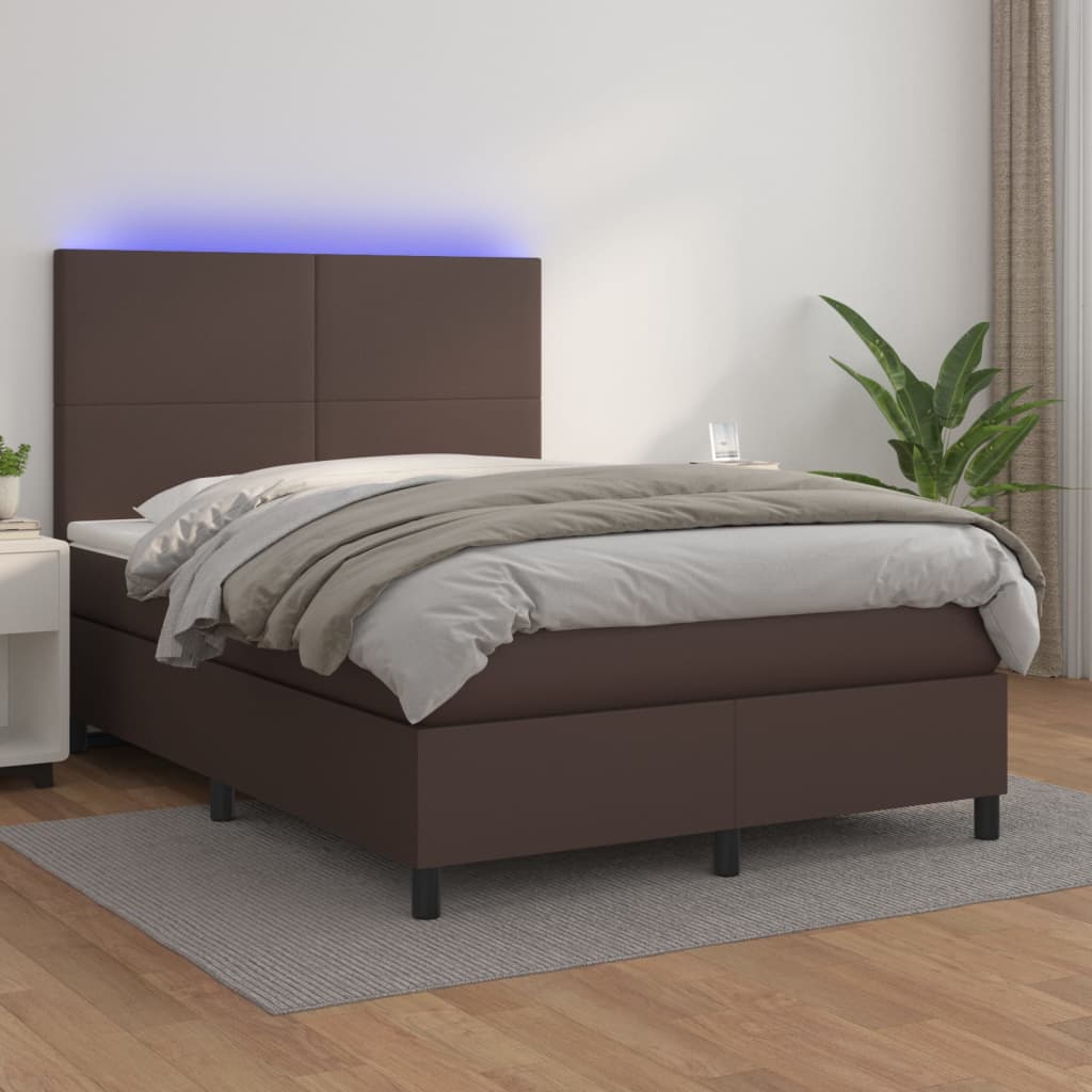 vidaXL Cama box spring c/ colchão/LED 140x190 cm couro artif. castanho