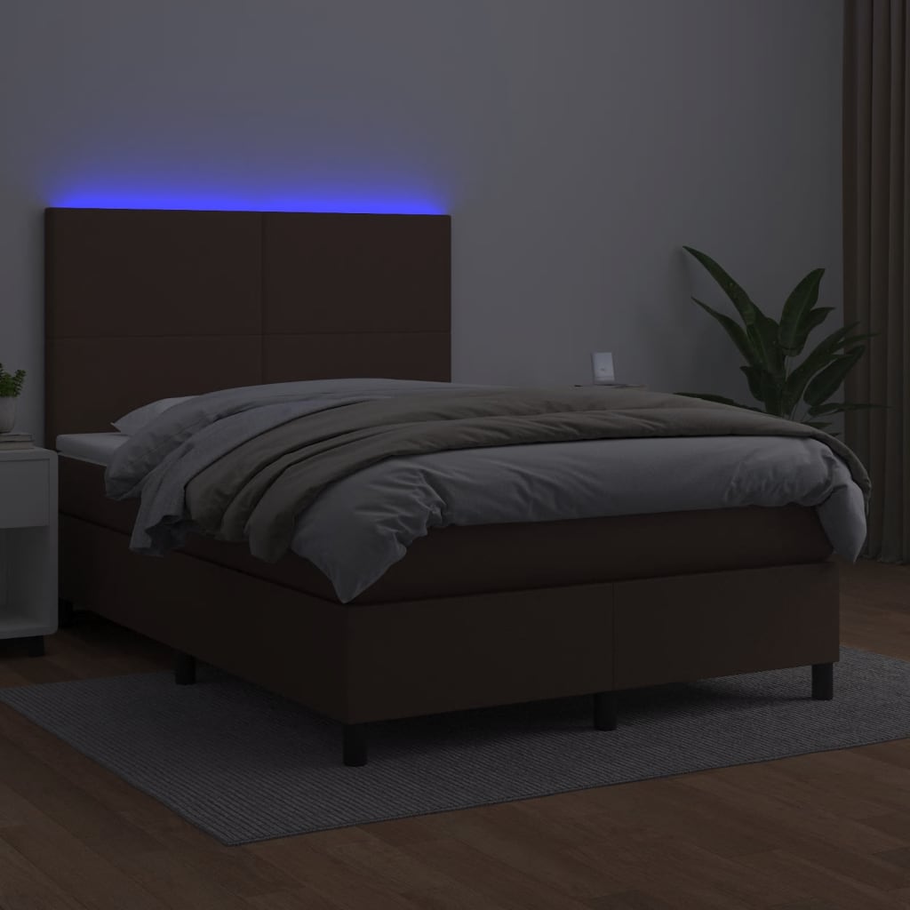 vidaXL Cama box spring c/ colchão/LED 140x190 cm couro artif. castanho