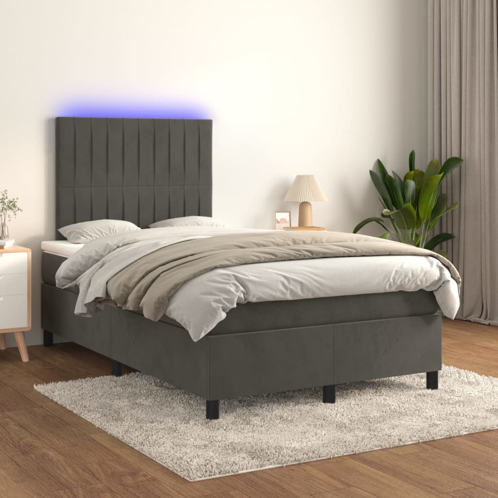 vidaXL Cama box spring c/ colchão/LED 120x200cm veludo cinzento-escuro