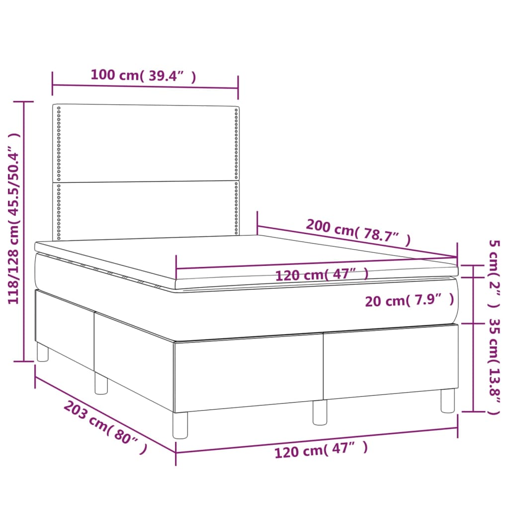 vidaXL Cama box spring c/ colchão/LED 120x200cm veludo cinzento-escuro