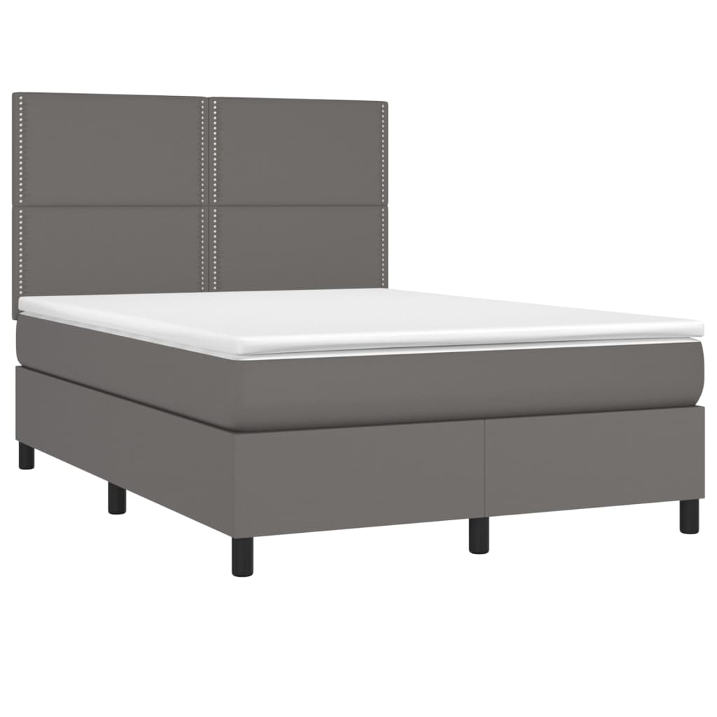 vidaXL Cama box spring c/ colchão/LED 140x190cm couro artificial cinza