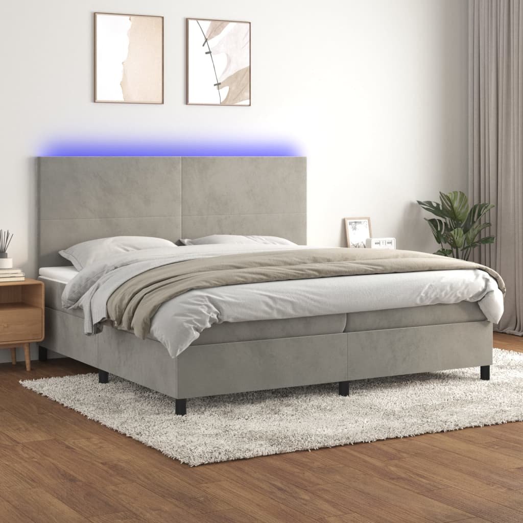 vidaXL Cama box spring c/ colchão/LED 200x200 cm veludo cinzento-claro