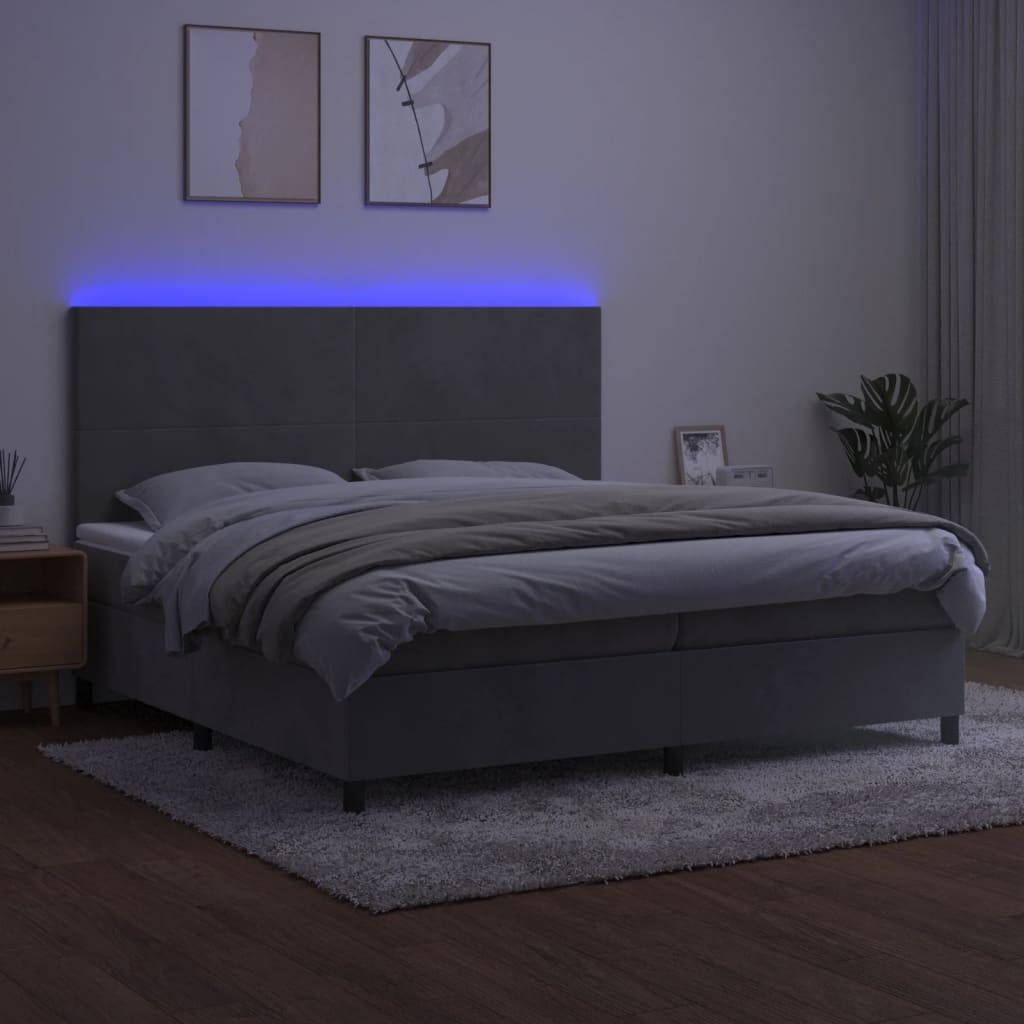 vidaXL Cama box spring c/ colchão/LED 200x200 cm veludo cinzento-claro