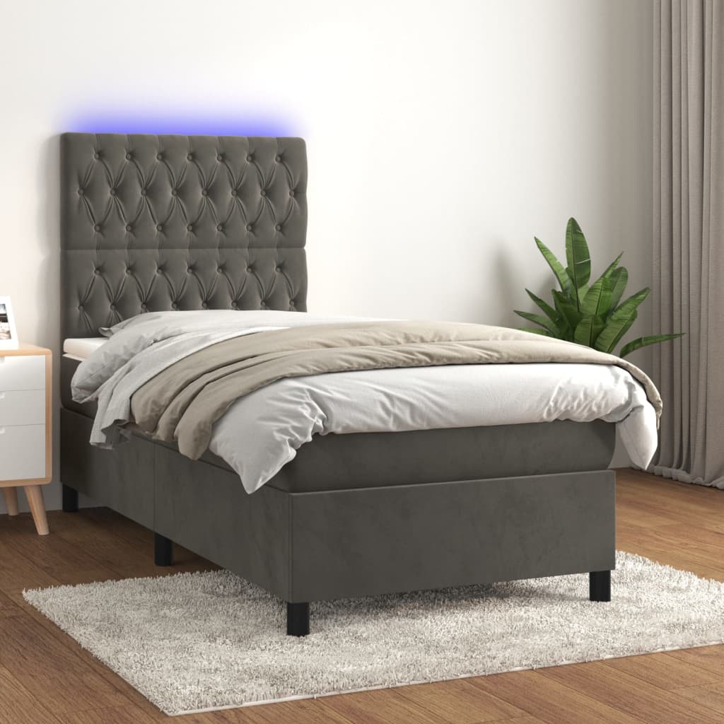 vidaXL Cama box spring c/ colchão/LED 100x200cm veludo cinzento-escuro