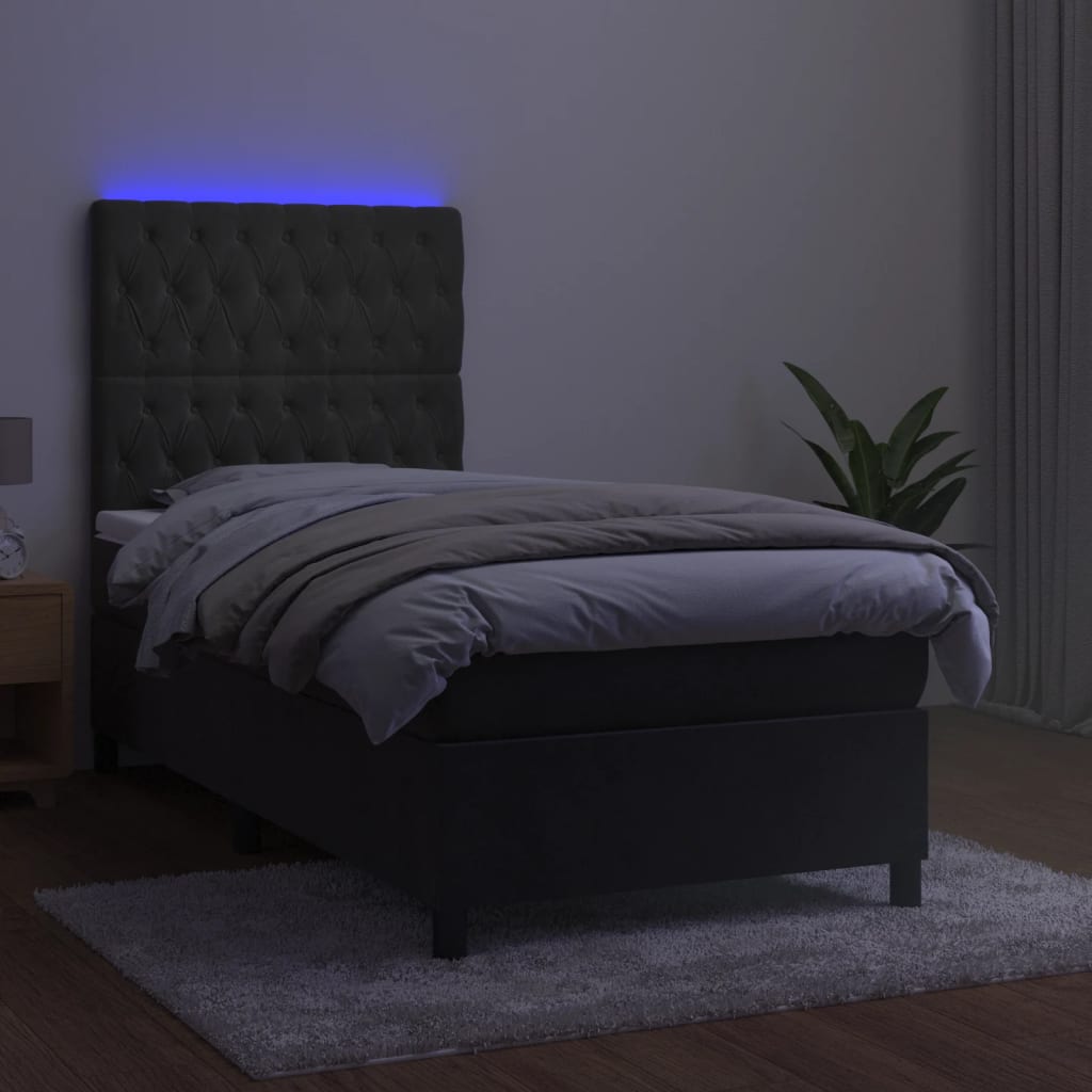 vidaXL Cama box spring c/ colchão/LED 100x200cm veludo cinzento-escuro