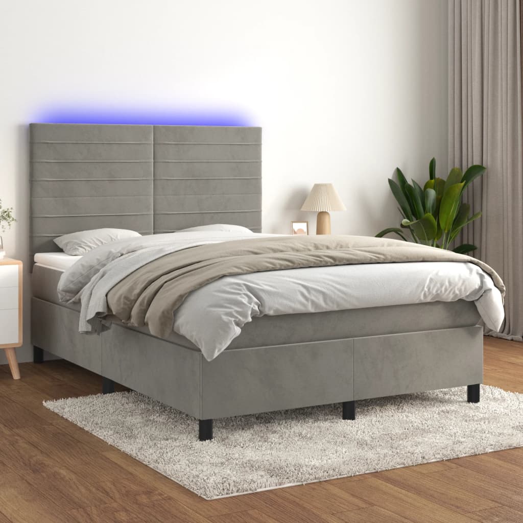 vidaXL Cama box spring c/ colchão/LED 140x200 cm veludo cinzento-claro