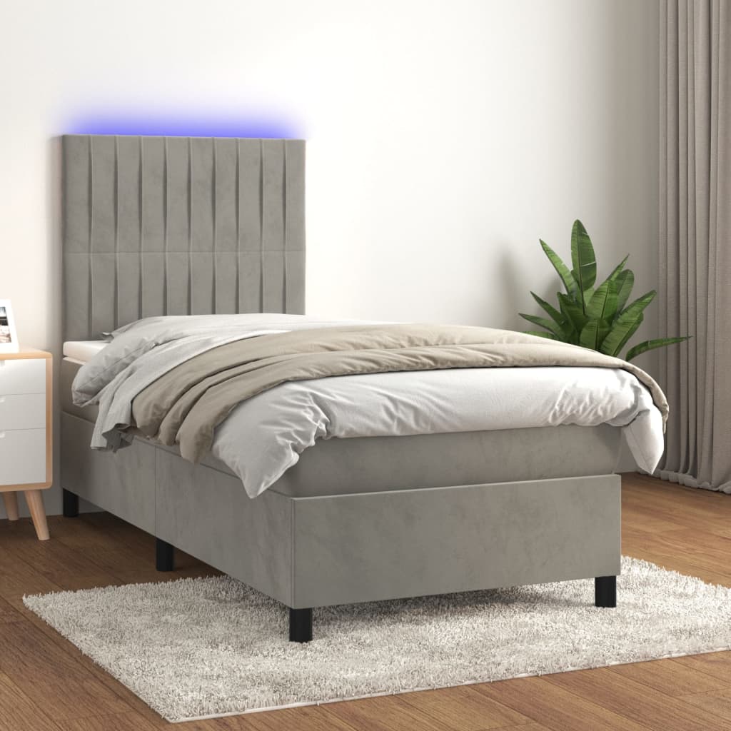 vidaXL Cama box spring c/ colchão/LED 90x190 cm veludo cinzento-claro