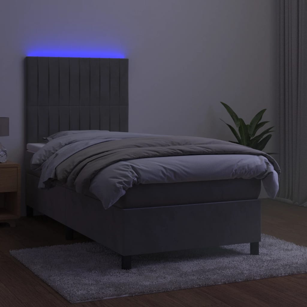 vidaXL Cama box spring c/ colchão/LED 90x190 cm veludo cinzento-claro