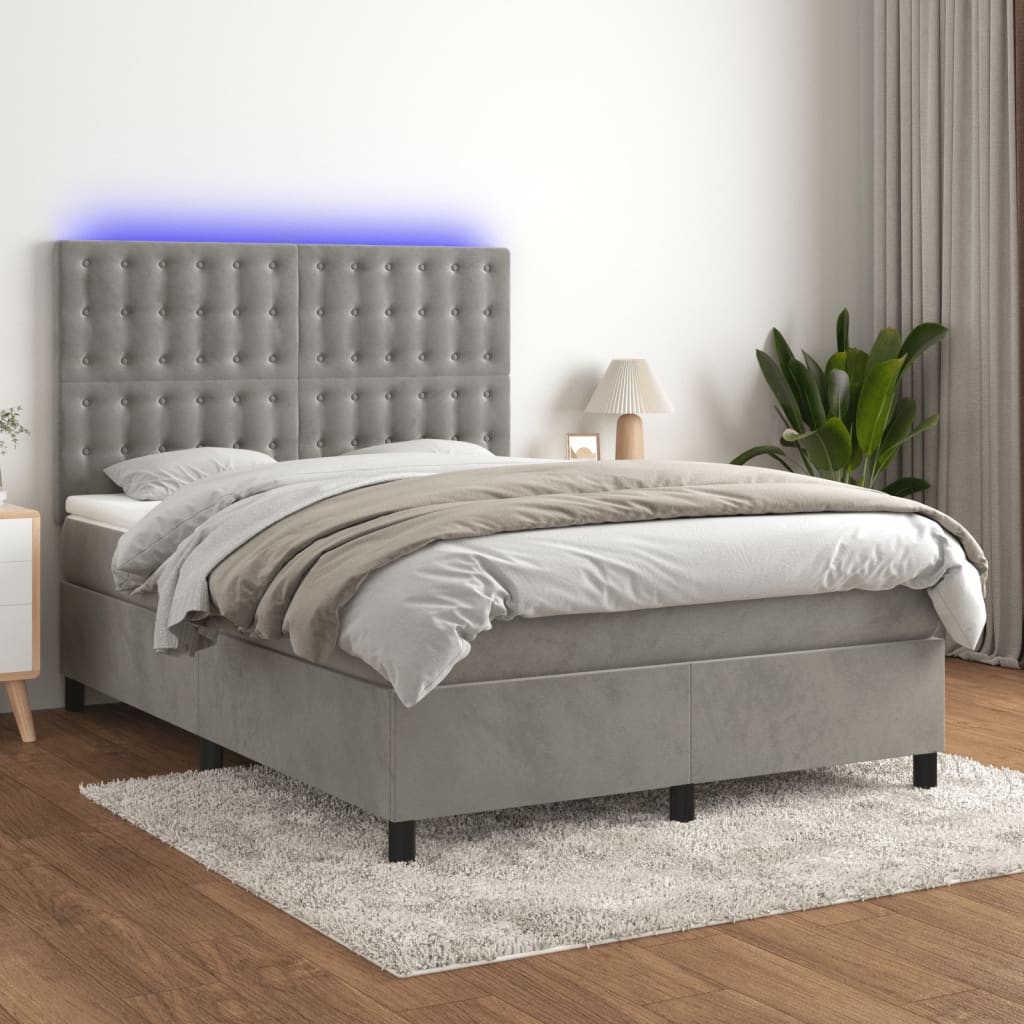 vidaXL Cama box spring c/ colchão/LED 140x200 cm veludo cinzento-claro