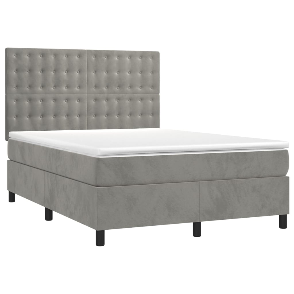 vidaXL Cama box spring c/ colchão/LED 140x200 cm veludo cinzento-claro