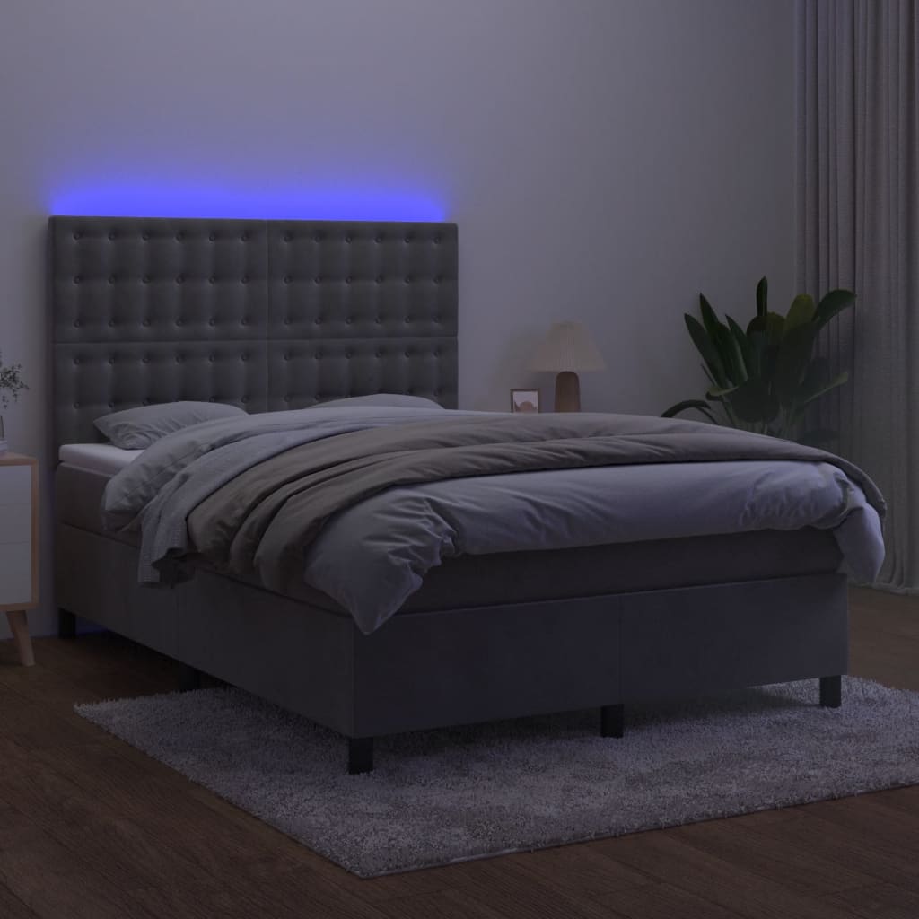 vidaXL Cama box spring c/ colchão/LED 140x200 cm veludo cinzento-claro