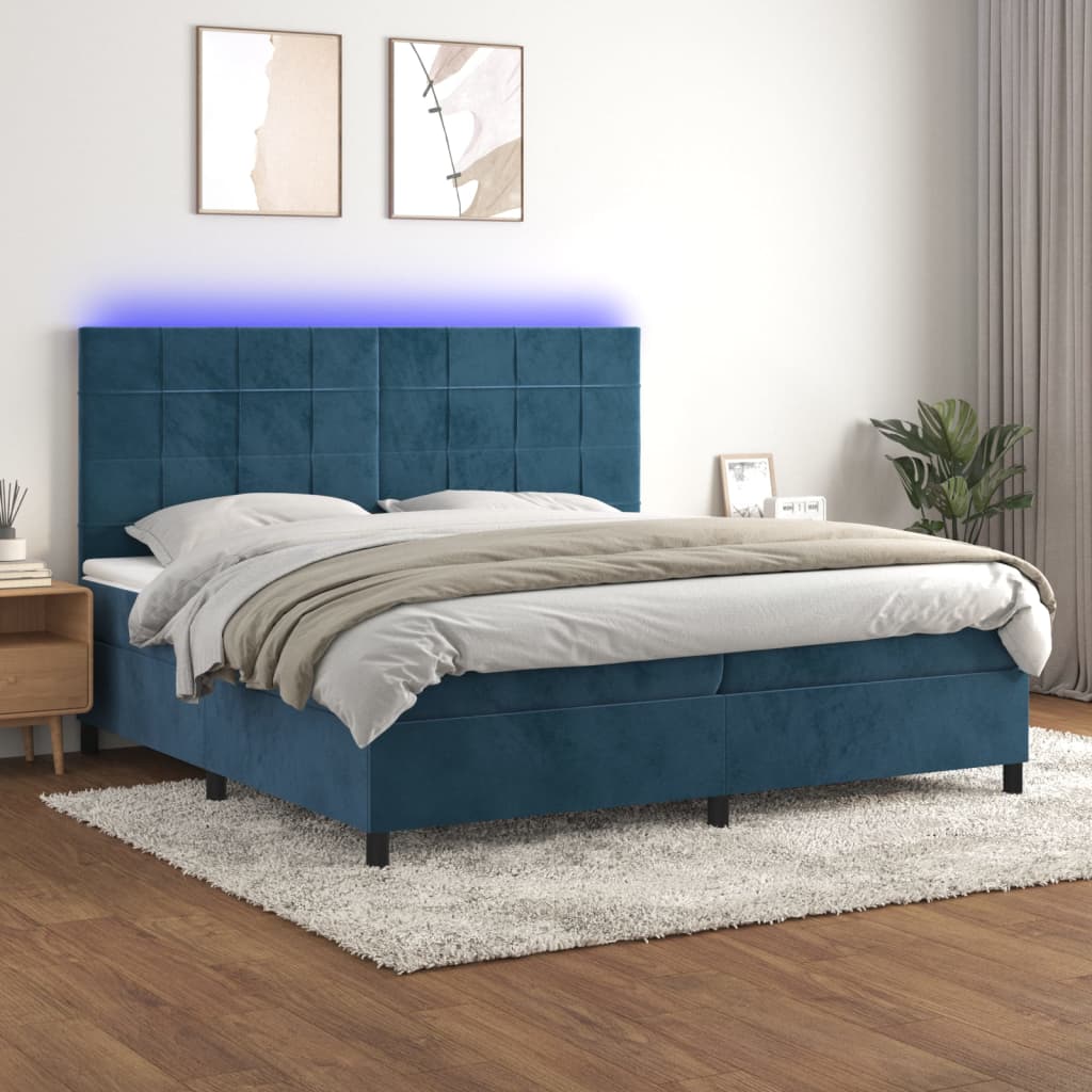 vidaXL Cama box spring c/ colchão/LED 200x200 cm veludo azul-escuro