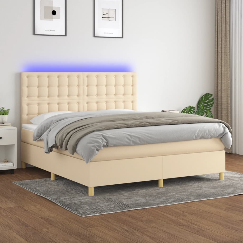 vidaXL Cama box spring c/ colchão e LED 160x200 cm tecido cor creme