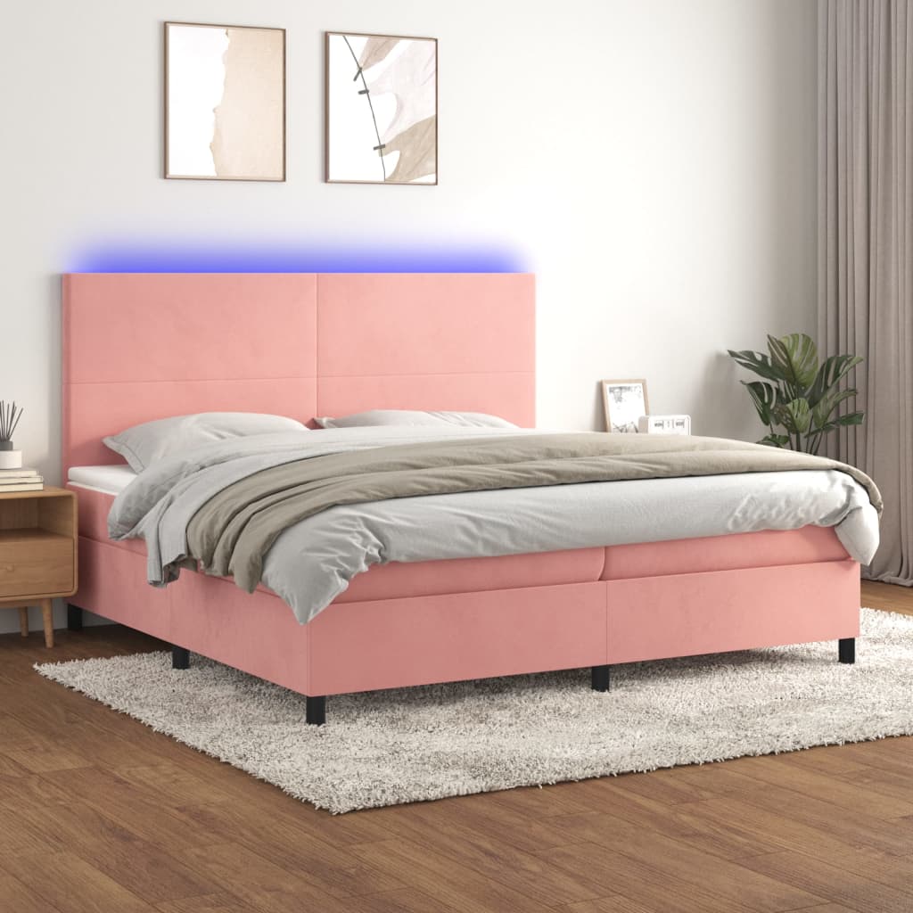 vidaXL Cama box spring c/ colchão/LED 200x200 cm veludo rosa