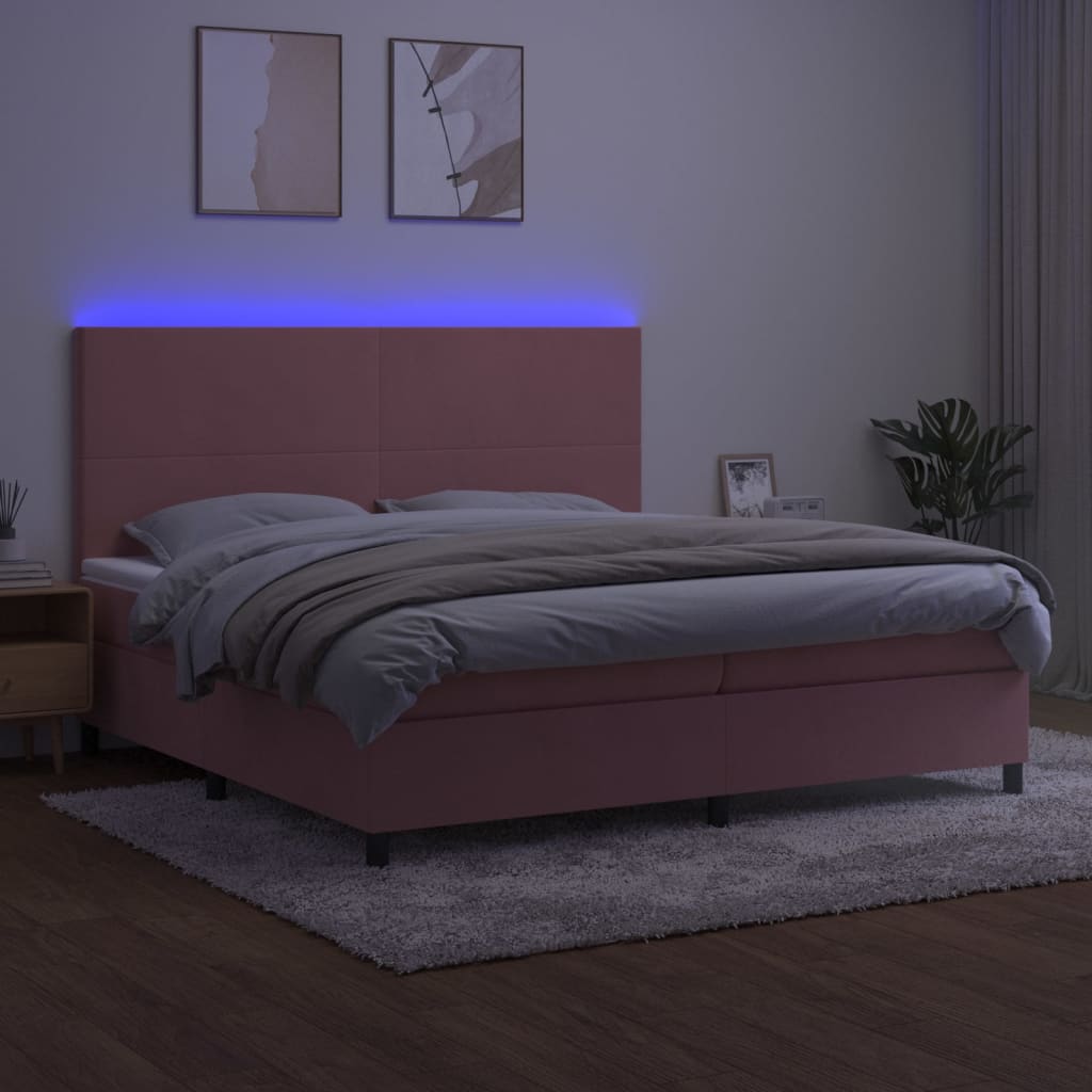 vidaXL Cama box spring c/ colchão/LED 200x200 cm veludo rosa