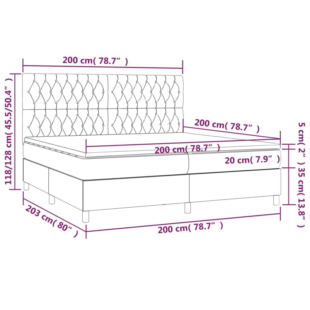 vidaXL Cama box spring c/ colchão/LED 200x200 cm veludo preto