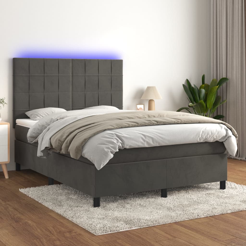 vidaXL Cama box spring c/ colchão/LED 140x200cm veludo cinzento-escuro