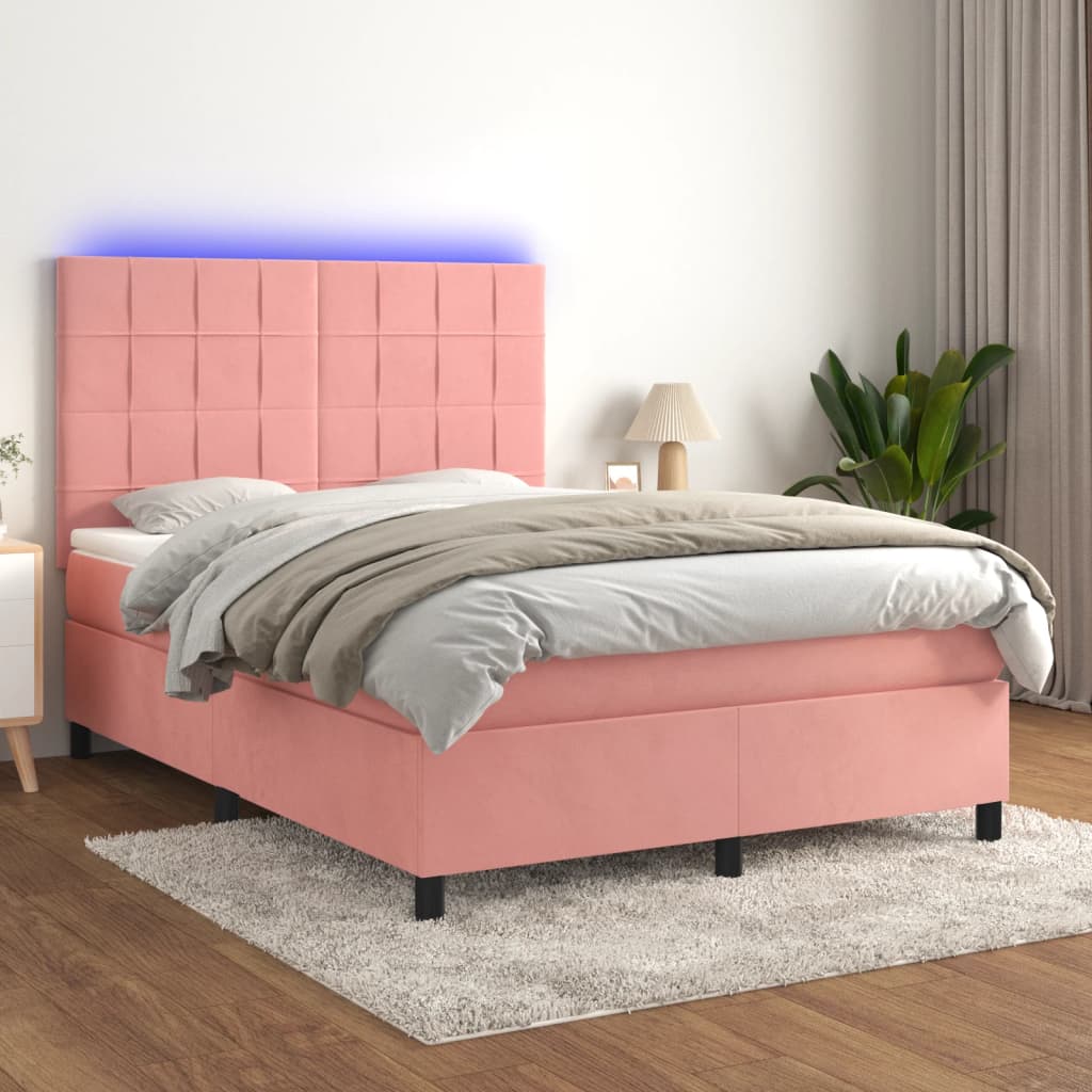 vidaXL Cama box spring c/ colchão/LED 140x200 cm veludo rosa